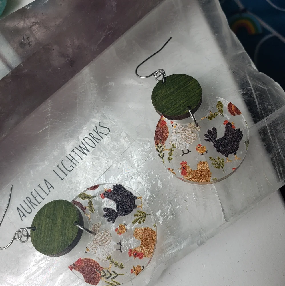 🐔 Chicken friends two-piece circular drop earrings 💚 - Picture 7 of 8